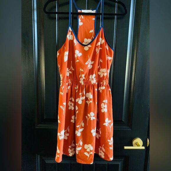 Lush Dresses & Skirts - Lush Orange Floral Dress with Navy Trim - Medium